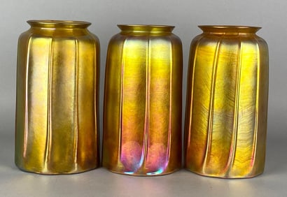 Group of 3 Antique Gold Favrile Ribbed Glass Lamp Shades