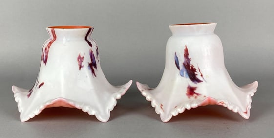 Group of 2 Antique White Cranberry Cased Slag Glass Lamp Shades