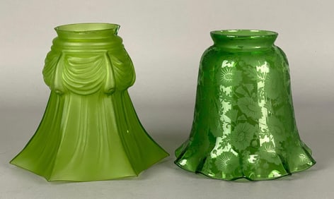 Group of 2 Antique Green Ruffled Edge Glass Lamp Shade