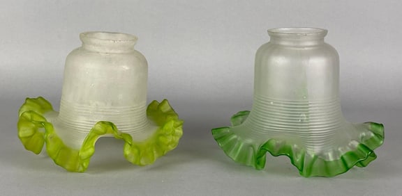 Group of 2 Antique Frosted Green Edge Glass Lamp Shades