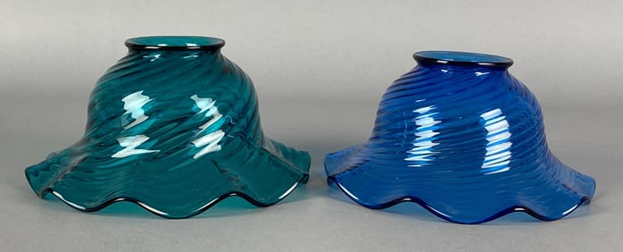 Group of 2 Antique Ruffled Edge Blue Swirl Glass Lamp Shades
