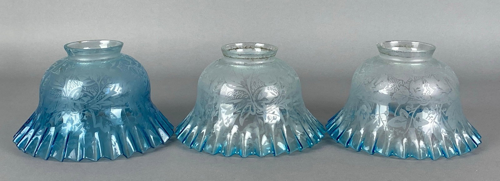 Group of 3 Antique Ribboned Blue Edge Etched Floral Glass Lamp Shades (1 of 4)