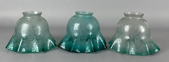 Group of 3 Antique Etched Floral Ruffled Aqua Edge Glass Lamp Shades