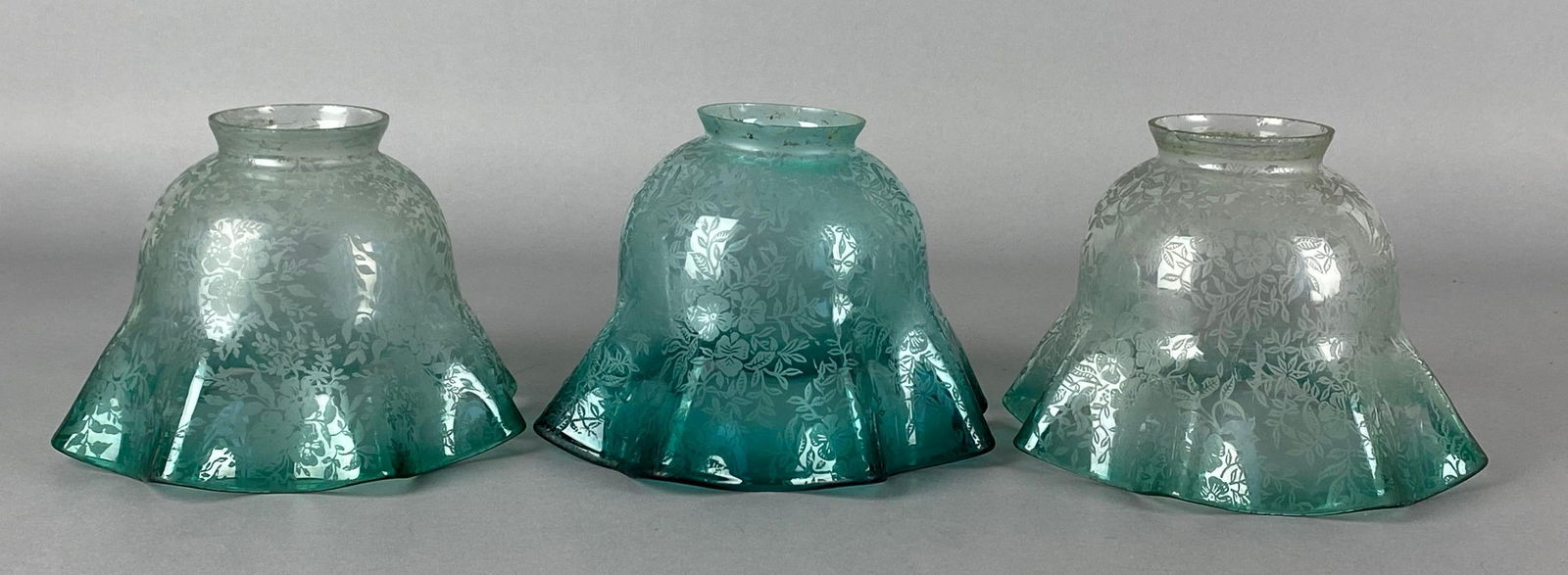 Group of 3 Antique Etched Floral Ruffled Aqua Edge Glass Lamp Shades (1 of 4)