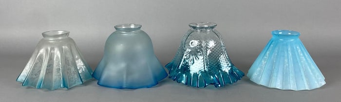 Group of 4 Antique Blue Art Glass Ruffled Lamp Shades
