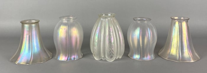 Group of 5 Antique Satin Iridescent Ribbed Glass Lamp Shade