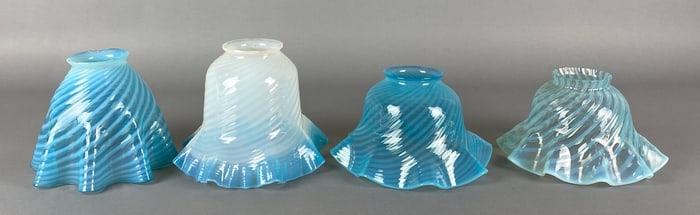 Group of 4 Antique Blue Ruffled Edge Opalescent Swirl Glass Lamp Shades