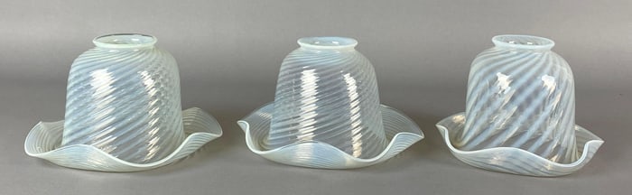 Group of 3 Antique Opalescent Swirl Ruffled Glass Lamp Shades