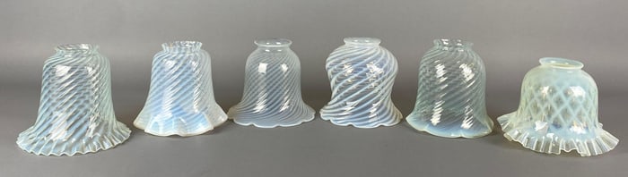 Group of 6 Antique Opalescent Swirl Glass Lamp Shades