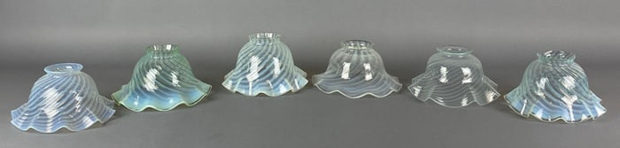Group of 6 Antique Opalescent Swirl Ruffled Edges Glass Lamp Shades