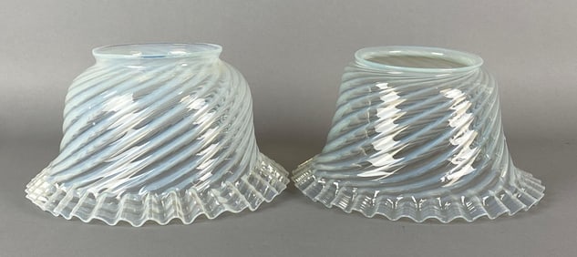 Group of 2 Antique Opalescent Swirl Ribboned Edge Glass Lamp Shades