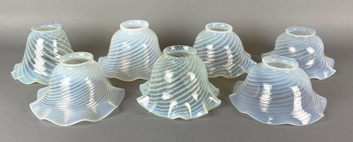 Group of 7 Antique Opalescent Swirl Ruffled Edges Glass Lamp Shades