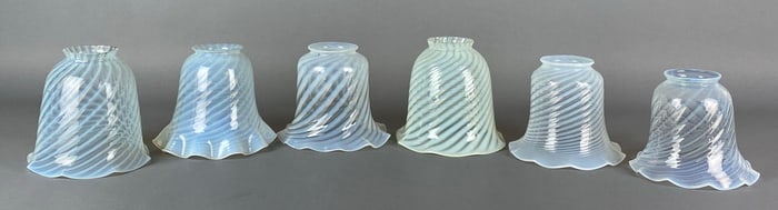 Group of 6 Antique Opalescent Swirled Ruffled Edges Glass Lamp Shades