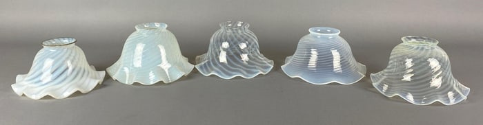 Group of 5 Antique Opalescent Swirl Ruffled Edges Glass Lamp Shades
