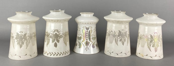 Group of 5 Antique White Etched to Clear Iridescent Glass Lamp Shades