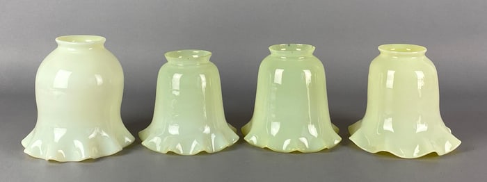 Group of 4 Antique Vaseline Ruffled Edge Glass Lamp Shades