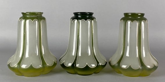 Group of 3 Antique Lime Green Frosted Paneled Glass Lamp Shades