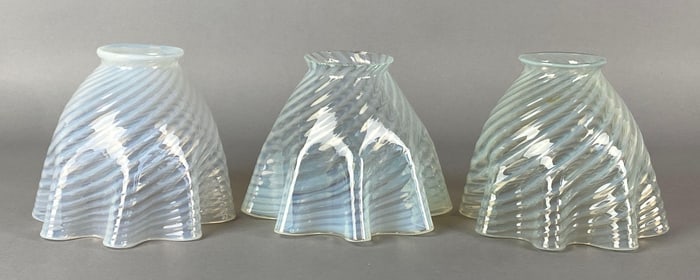 Group of 3 Antique Opalescent Swirl Ruffled Edge Glass Lamp Shades