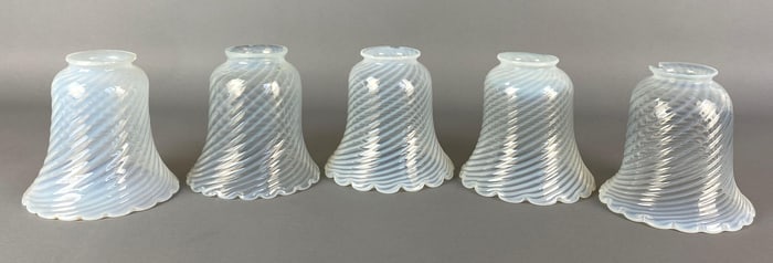 Group of 5 Antique Opalescent Swirl Scalloped Glass Lamp Shades