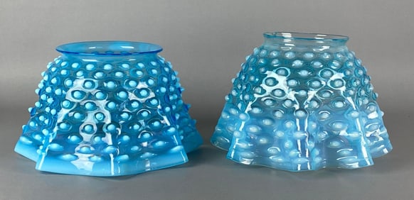 Group of 2 Antique Blue Hobnail Ruffled Glass Lamp Shades