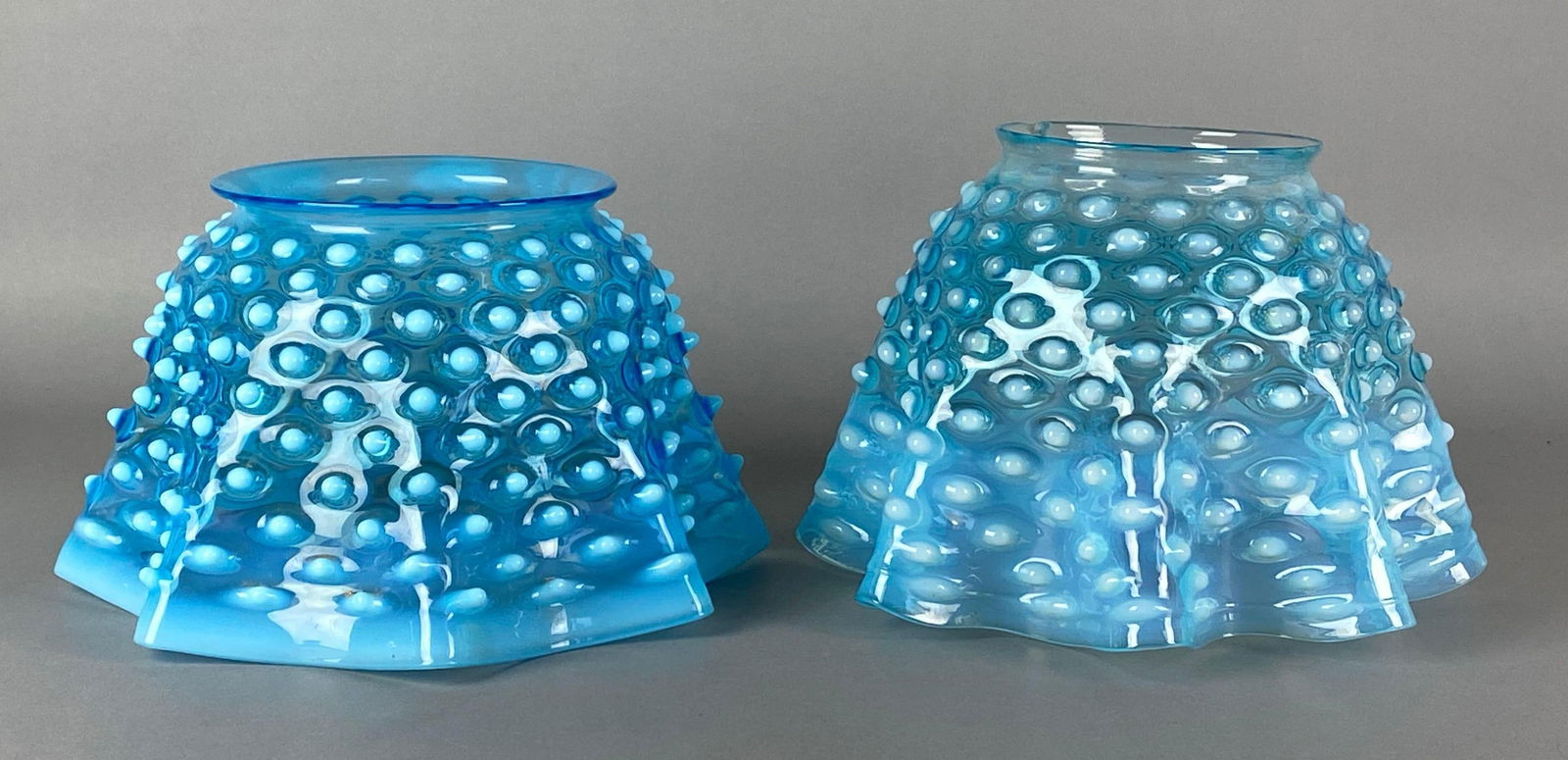 Group of 2 Antique Blue Hobnail Ruffled Glass Lamp Shades (1 of 4)