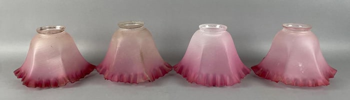 Group of Antique Cranberry Frosted Swirl Ruffle Glass Lamp Shades