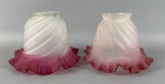Group of 2 Antique Cranberry Swirl Ruffle Glass Lamp Shades