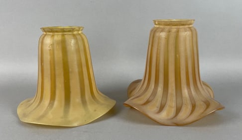 Group of 2 Antique Amber Butterscotch Stripe Glass Lamp Shades