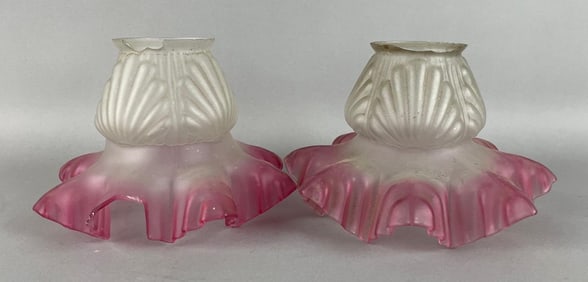 Group of 2 Antique Cranberry Frosted Ruffle Edge Glass Lamp Shades