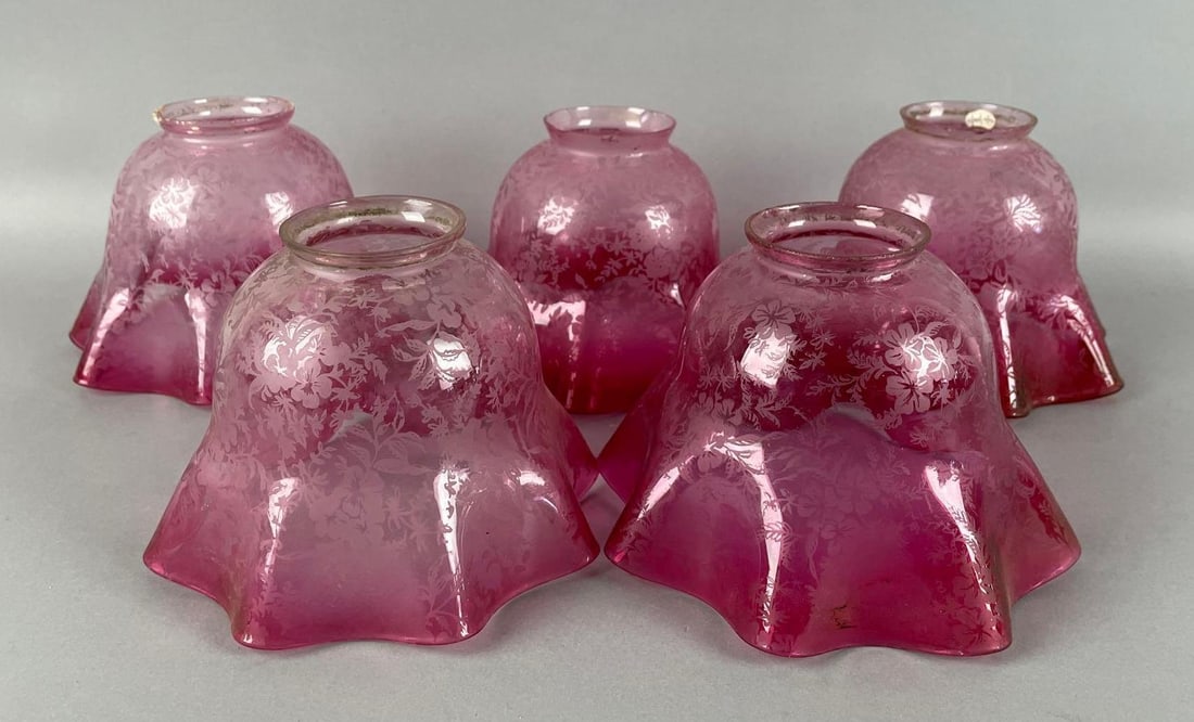 Group of 5 Antique Cranberry Etched Glass Ruffle Lamp Shades (1 of 4)