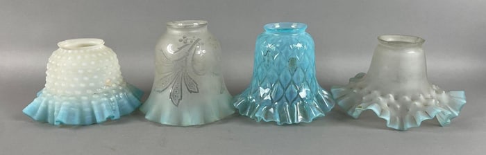 Group of Antique  Blue Ruffle Glass Lamp Shades