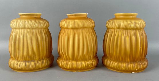 Group of 3 Antique Linenfold Amber Cased Glass Lamp Shades