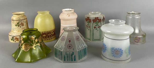 Group of Antique Hand-Painted Floral Glass Lamp Shades