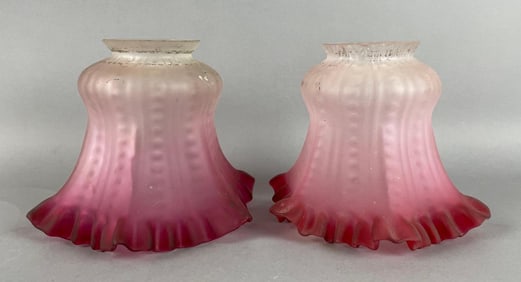 Group of 2 Antique Cranberry Ruffle Glass Lamp Shades