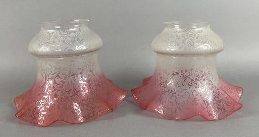 Group of Antique Cranberry Ruffle Etched Glass Lamp Shades