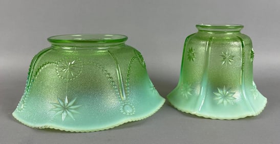 Group of 2 Antique Green Opalescent Star Pattern Glass Lamp Shades