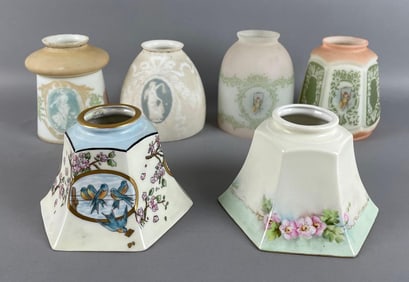 Group of Antique Painted Glass Lamp Shades
