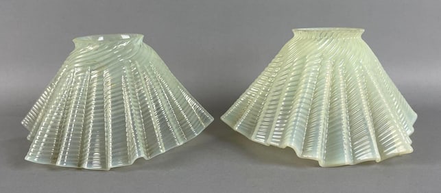 Group of 2 Antique Opalescent Vaseline Glass Ruffle Lamp Shades