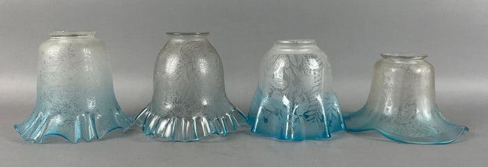 Group of Antique Blue Ruffle Etched Glass Lamp Shades