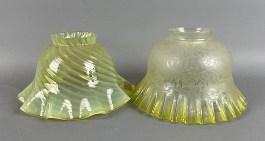 Group of 2 Antique Yellow/Green Ruffle Glass Lamp Shades