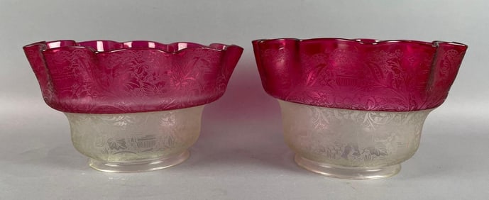 Group of Antique Cranberry Etched Glass Lamp Shades