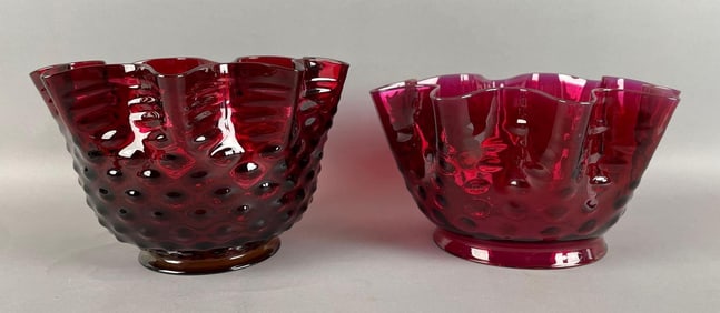 Group of 2 Antique Ruby Red Coin Dot Ruffle Glass Lamp Shades