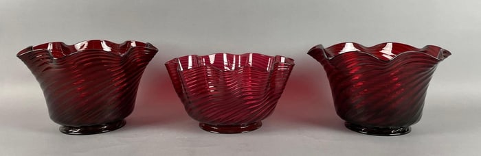 Group of Antique Ruby Red Swirl Ruffle Glass Lamp Shades