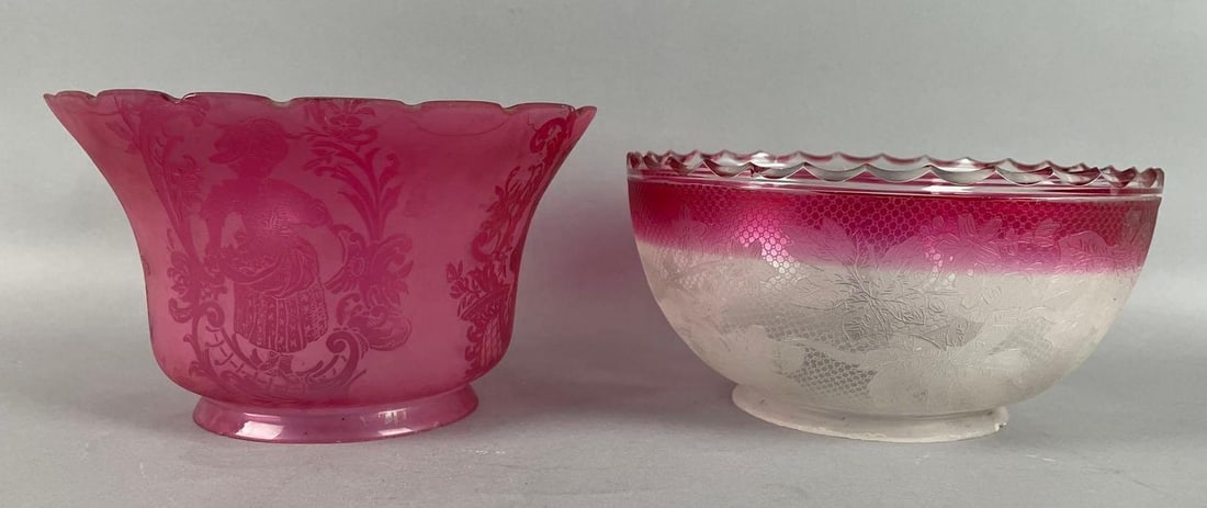 Group of 2 Antique Cranberry Etched Glass Lamp Shades (1 of 4)