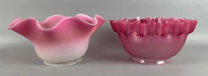 Group of 2 Antique Cranberry and Burmese Ruffle Glass Lamp Shades