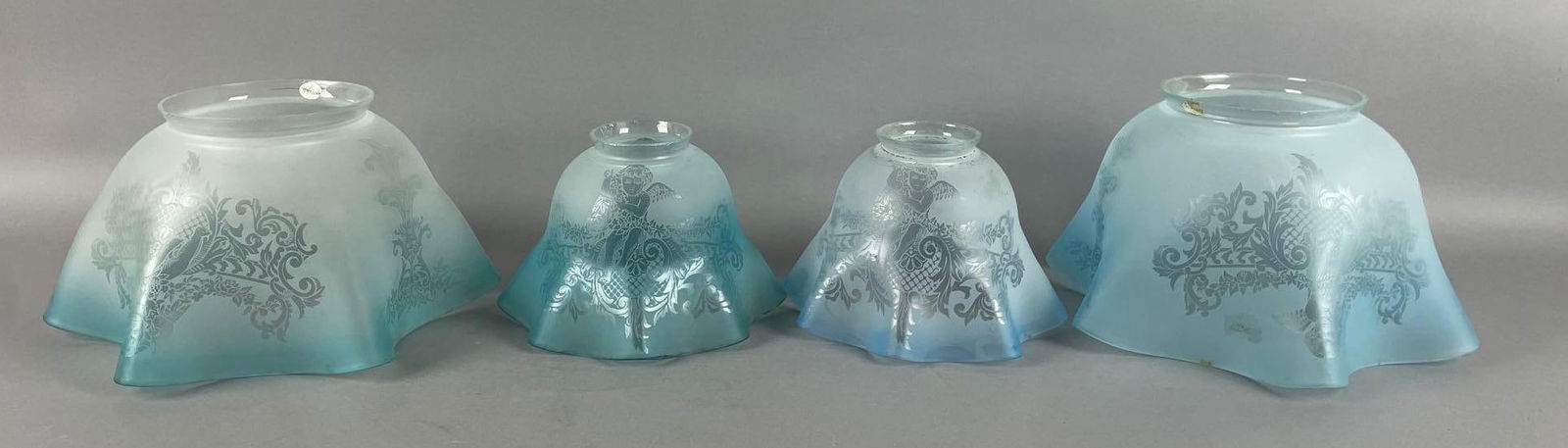 Group of Antique Blue Ruffle Etched Glass Lamp Shades (1 of 4)