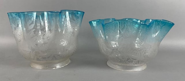 Group of 2 Antique Blue Ruffle Floral Etched Glass Lamp Shades