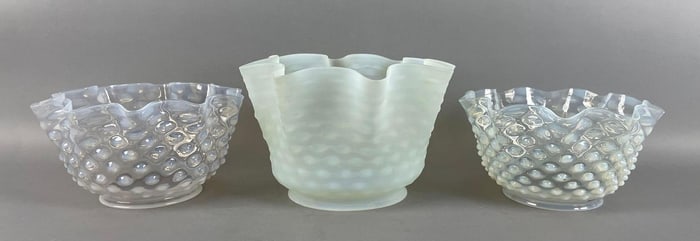 Group of Antique Opalescent Coin Dot Ruffle Glass Lamp Shades