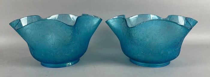 Group of Antique Blue Ruffle Etched Glass Lamp Shades