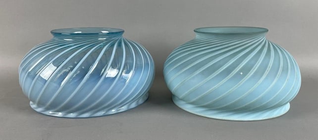 Group of 2 Antique Blue Swirl Glass Lamp Shades